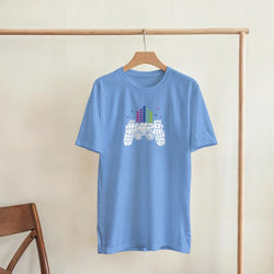 Light blue soft cotton-blend retro gamer graphic T-shirt with white pixel controller and colorful arcade bars.