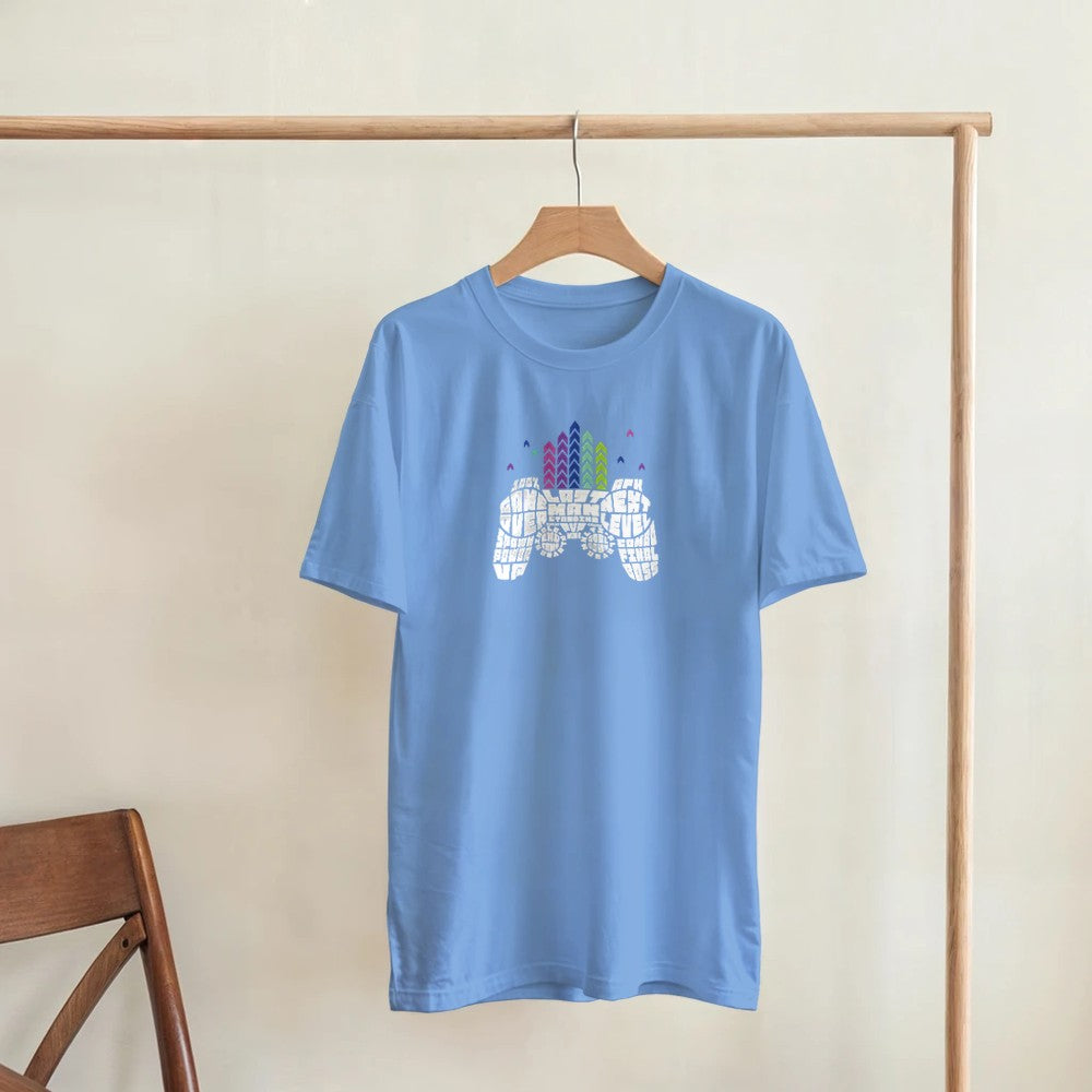 Light blue soft cotton-blend retro gamer graphic T-shirt with white pixel controller and colorful arcade bars.