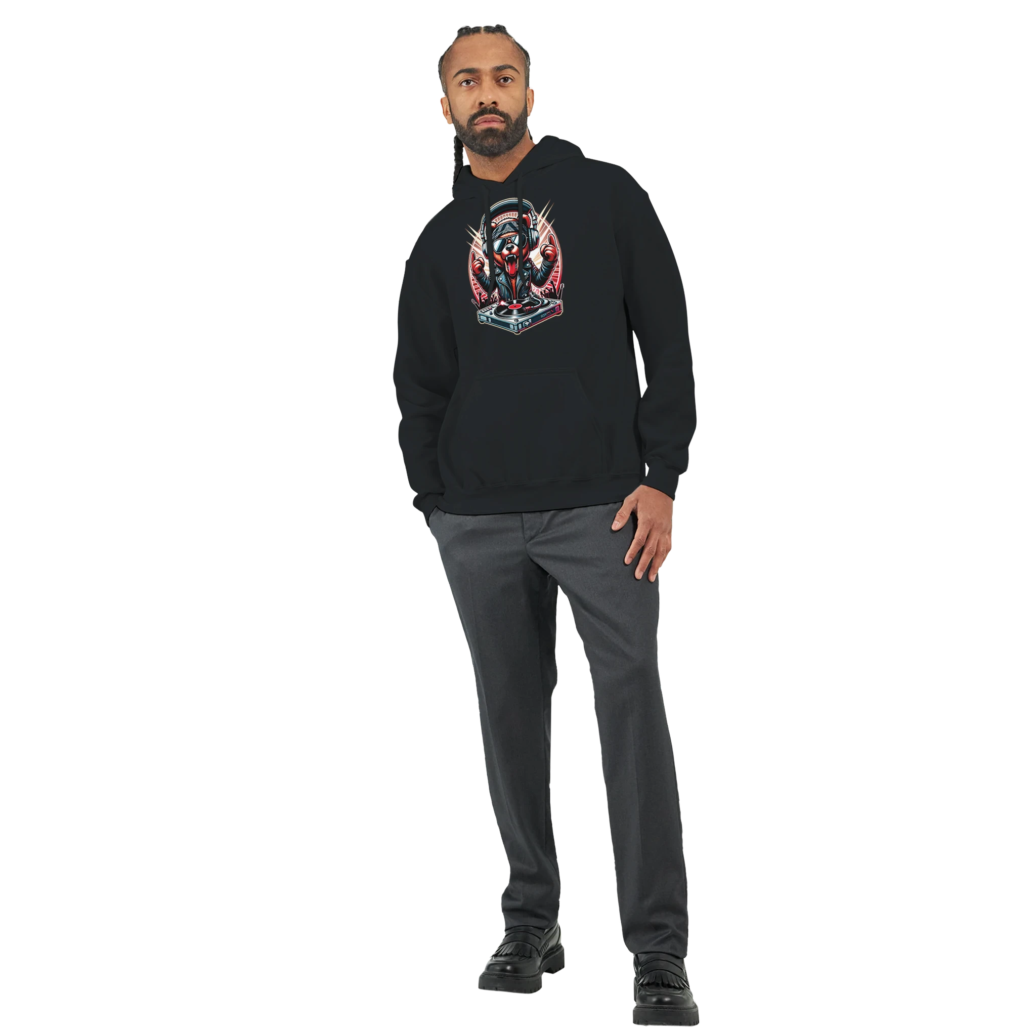Man in black DJ Bear hoodie with bold bear graphic; 50/50 cotton/polyester blend, sizes S-XL