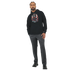 Man in black DJ Bear hoodie with bold bear graphic; 50/50 cotton/polyester blend, sizes S-XL