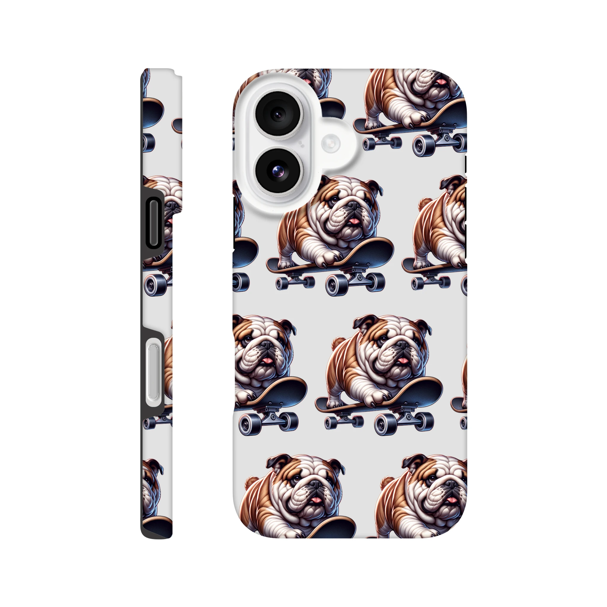 Two-layer rugged case with bulldog skateboard print wraparound design for iPhone 16–13.