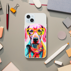 Colorful dog wearing yellow glasses on a transparent, slim protective iPhone case (fits iPhone 13-16).