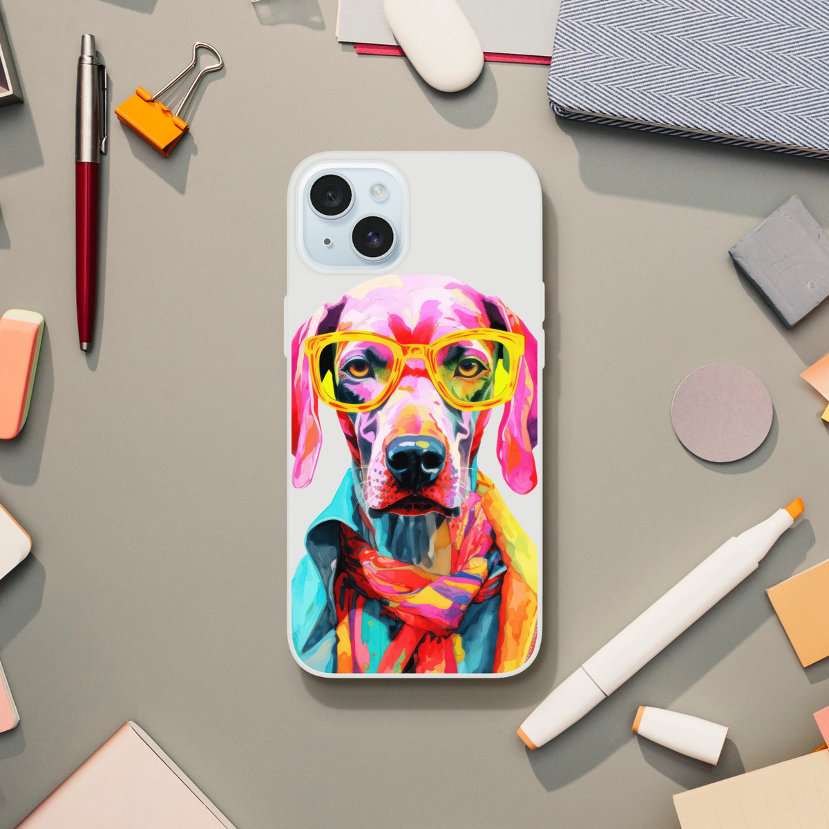 Colorful dog wearing yellow glasses on a transparent, slim protective iPhone case (fits iPhone 13-16).