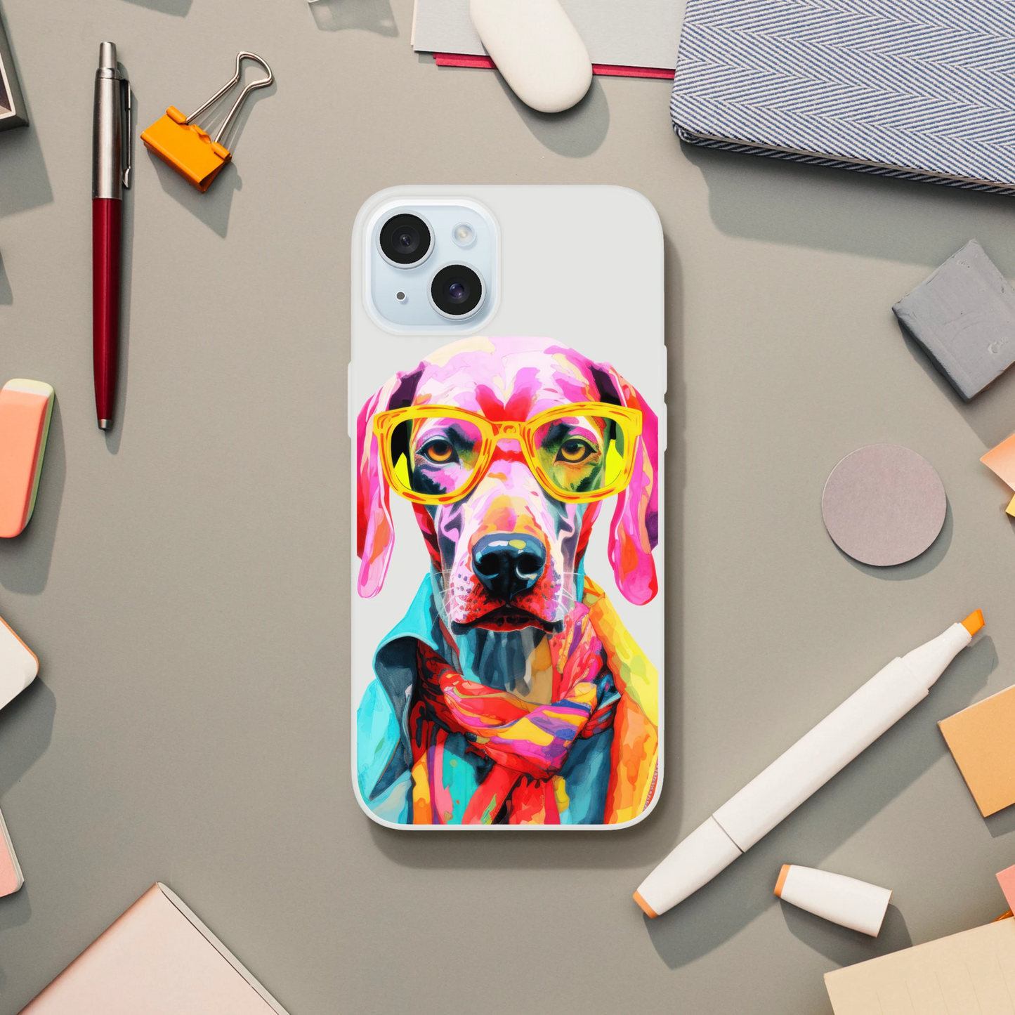 Colorful dog wearing yellow glasses on a transparent, slim protective iPhone case (fits iPhone 13-16).