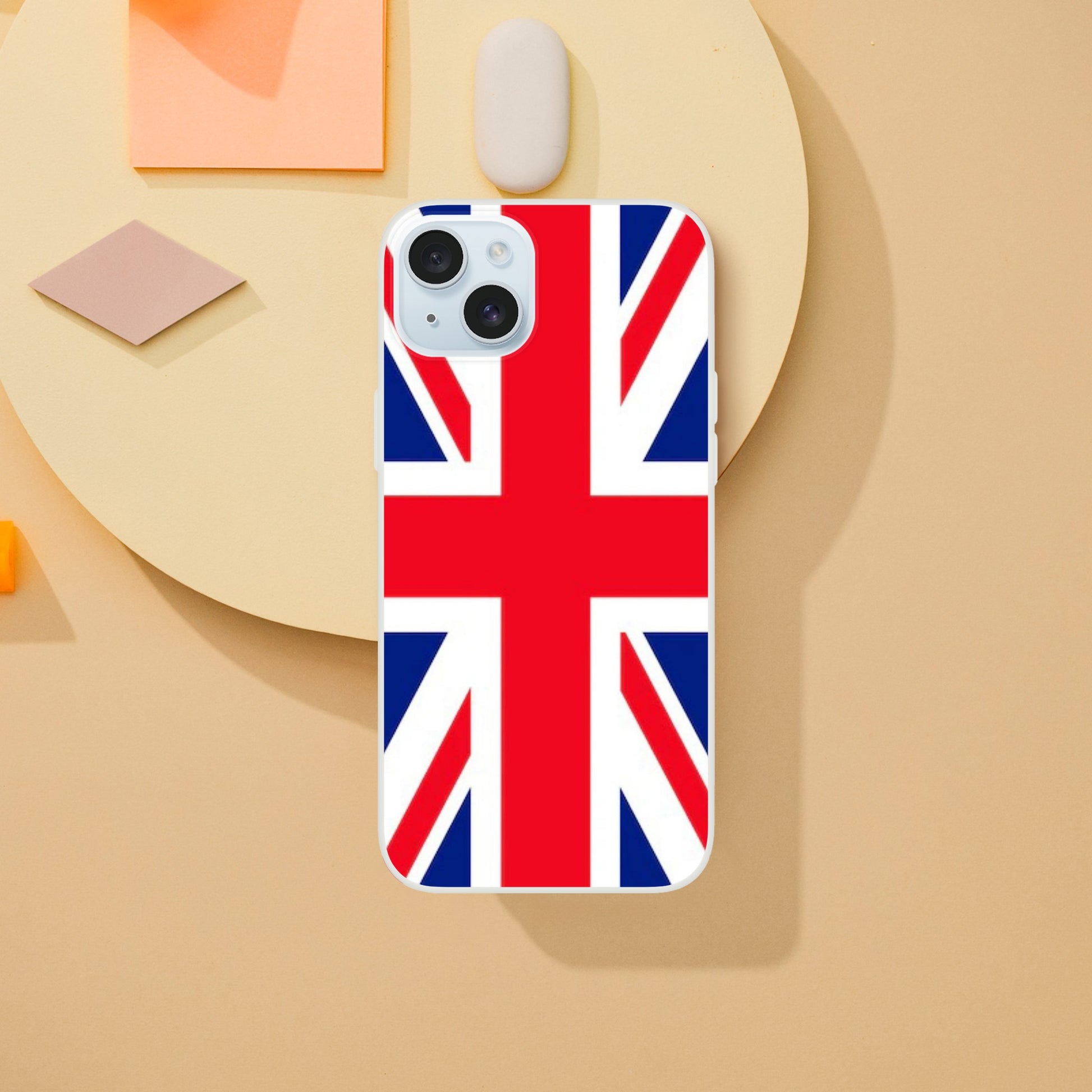 iPhone case with British flag design on a beige surface 24