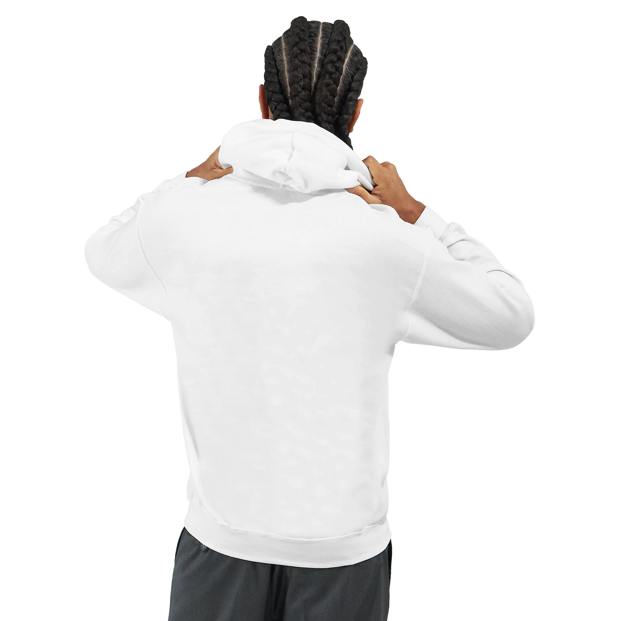 Model wearing white Men's Teddy Bear Hoodie, cotton blend, back view.