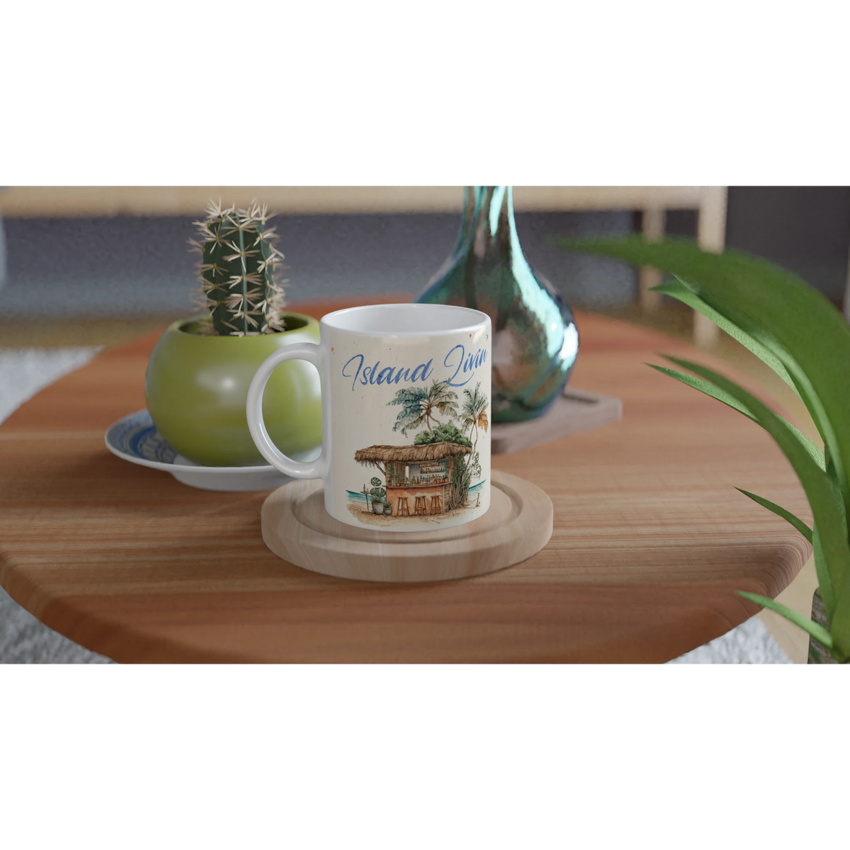 Retro postcard mug with island scene, vintage aesthetic coffee cup on a wooden table beside a cactus.