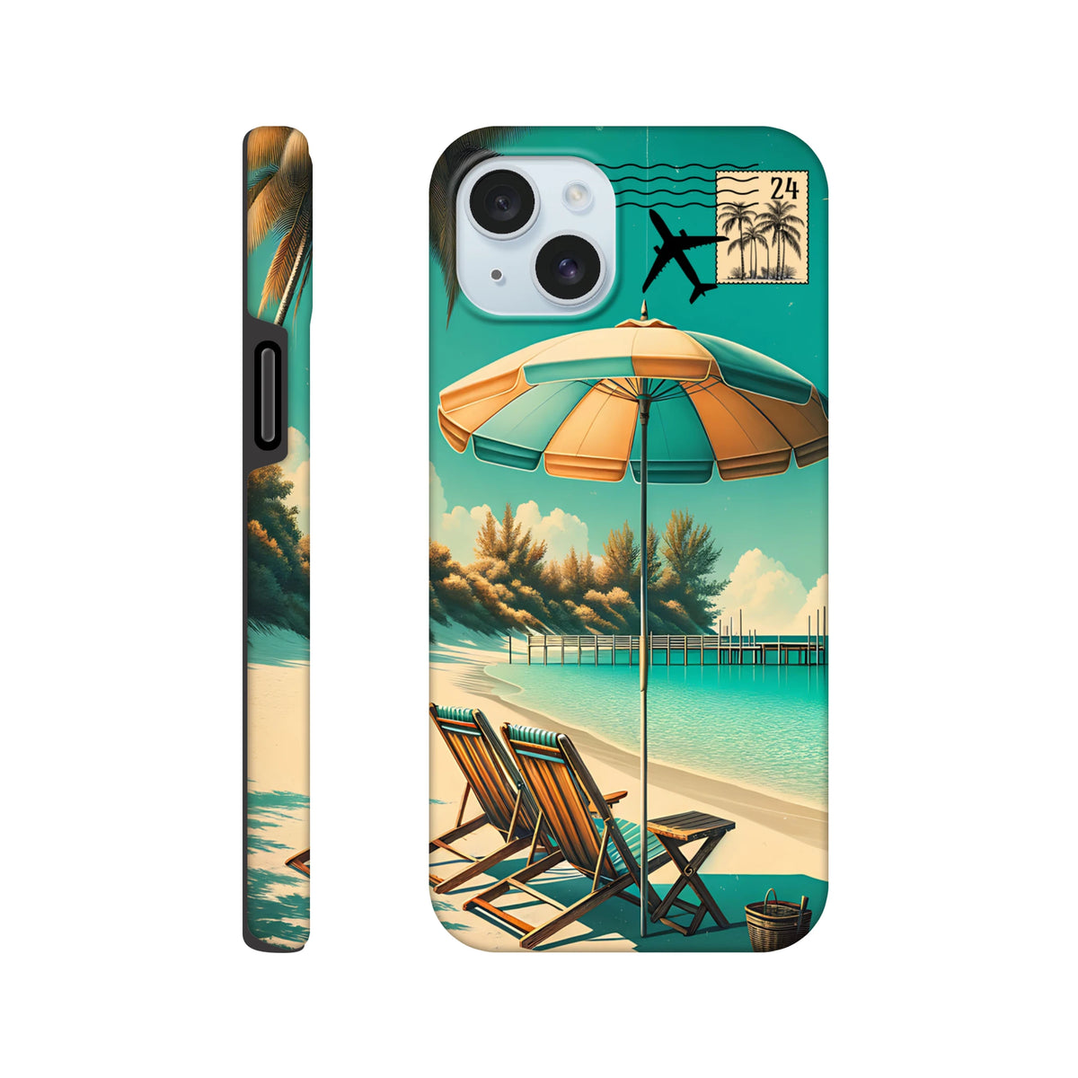 Vintage retro beach holiday iPhone case featuring striped umbrella, deck chairs, and travel stamp graphic on teal background.