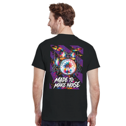 Black t-shirt back featuring colorful retro drum kit graphic with Urban Palm Trees logo and Made To Make Noise text.