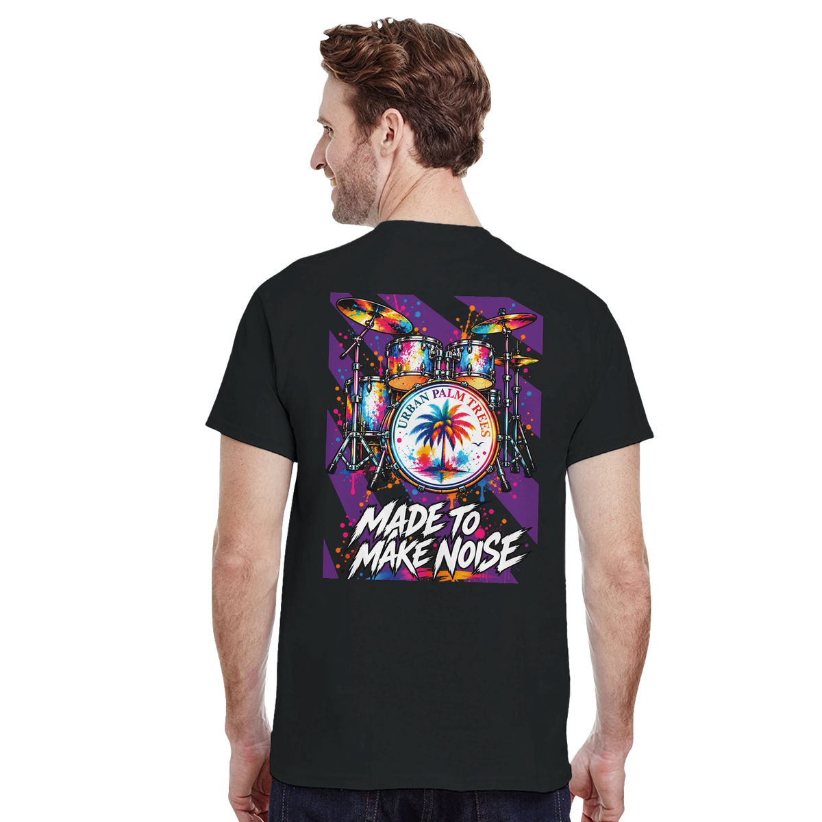 Black t-shirt back featuring colorful retro drum kit graphic with Urban Palm Trees logo and Made To Make Noise text.