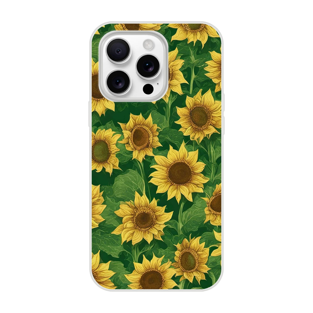 Sunflower-patterned iPhone case for 13–16 with yellow blooms on green leaves