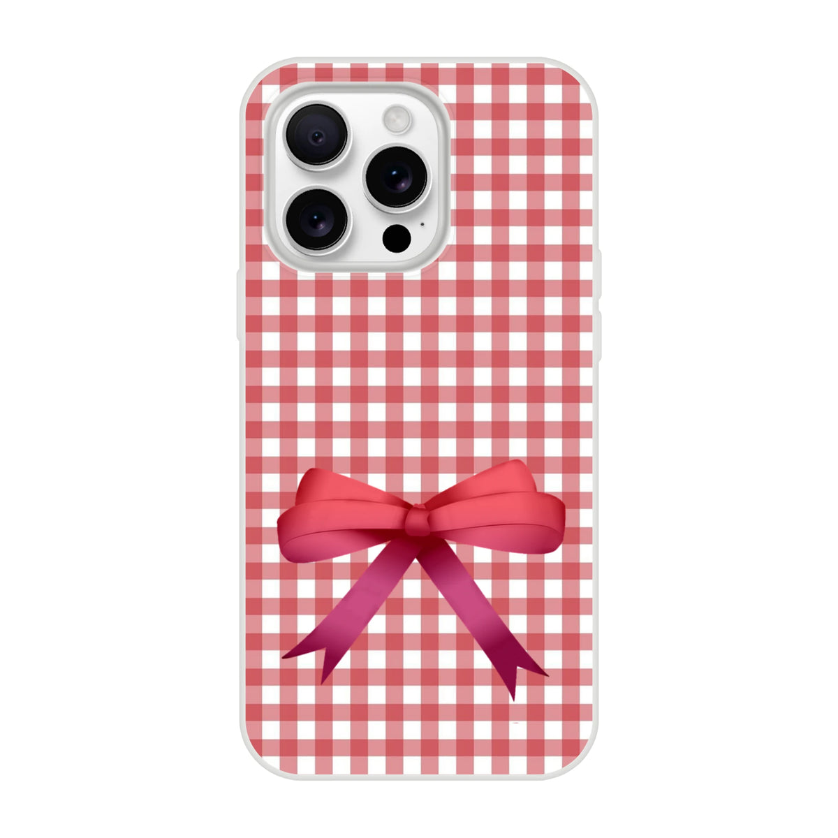 Red gingham bow iPhone case (13-16) with a cute coquette aesthetic, slim protective design and bow motif.