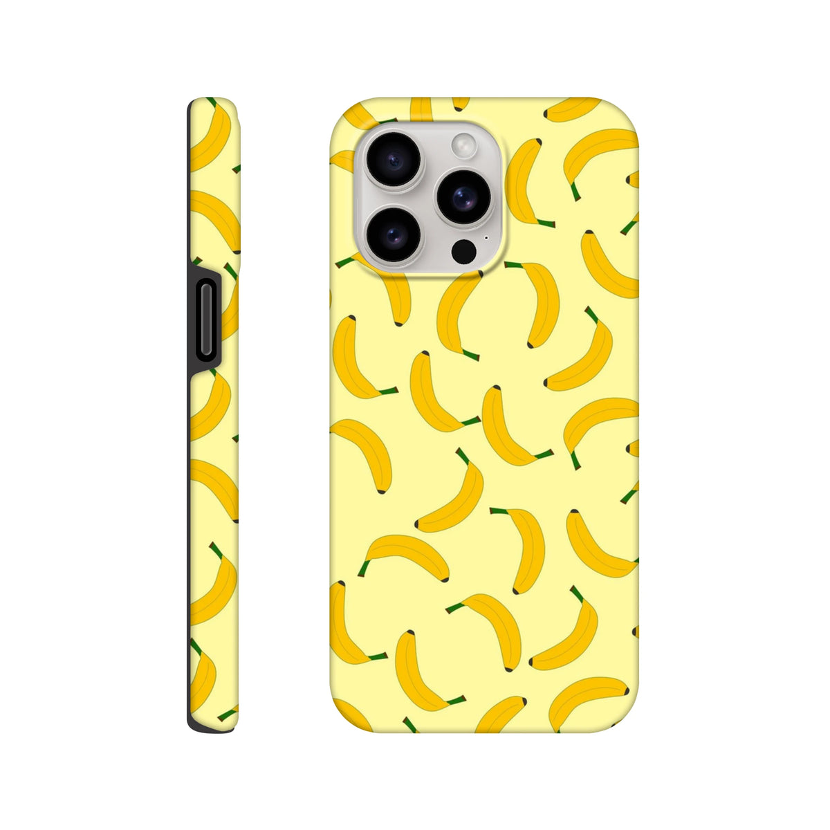 Yellow banana pattern tough iPhone case offering playful fruit design and wraparound protection for daily carry.