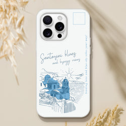 Vintage Postcard iPhone Case (13-16) Santorini Holiday Phone Cover with blue Santorini skyline illustration.