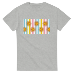 Gray women's T-shirt with retro rainbow sun graphic on a striped rainbow panel.