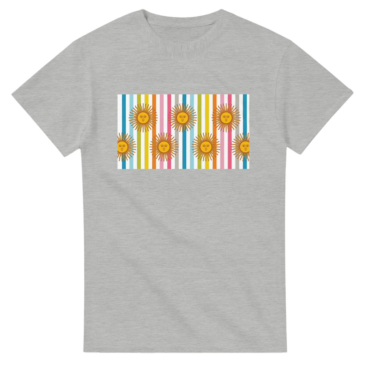 Gray women's T-shirt with retro rainbow sun graphic on a striped rainbow panel.