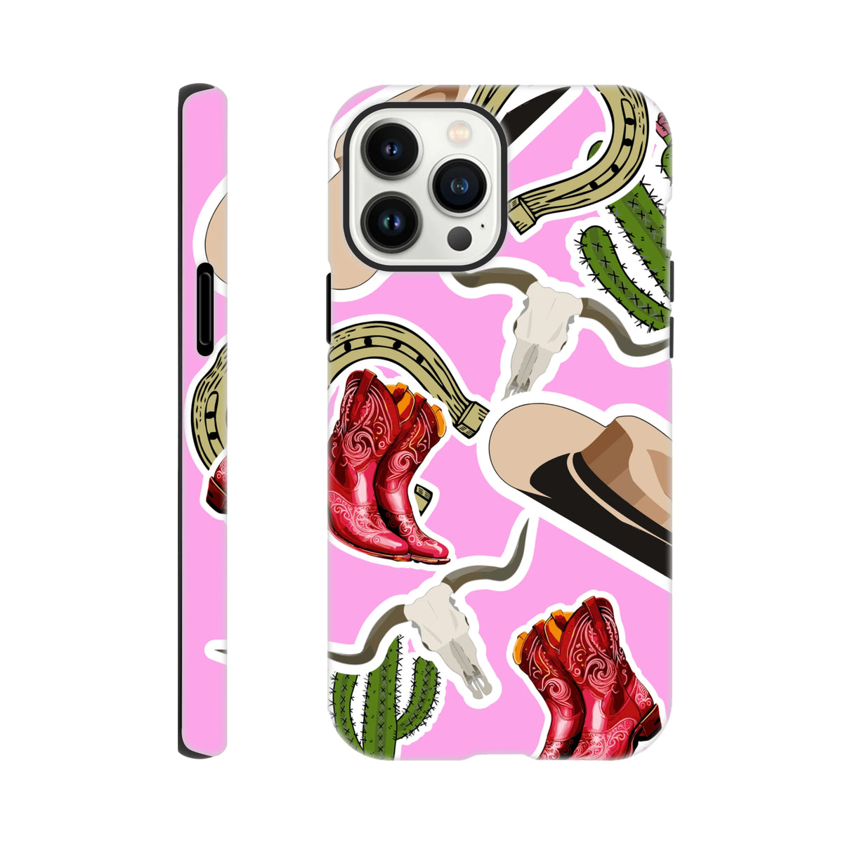 Pink Western phone case featuring cowboy boots, cactus, horseshoe, and longhorn skull on a vibrant pink background for iPhone 13-16.