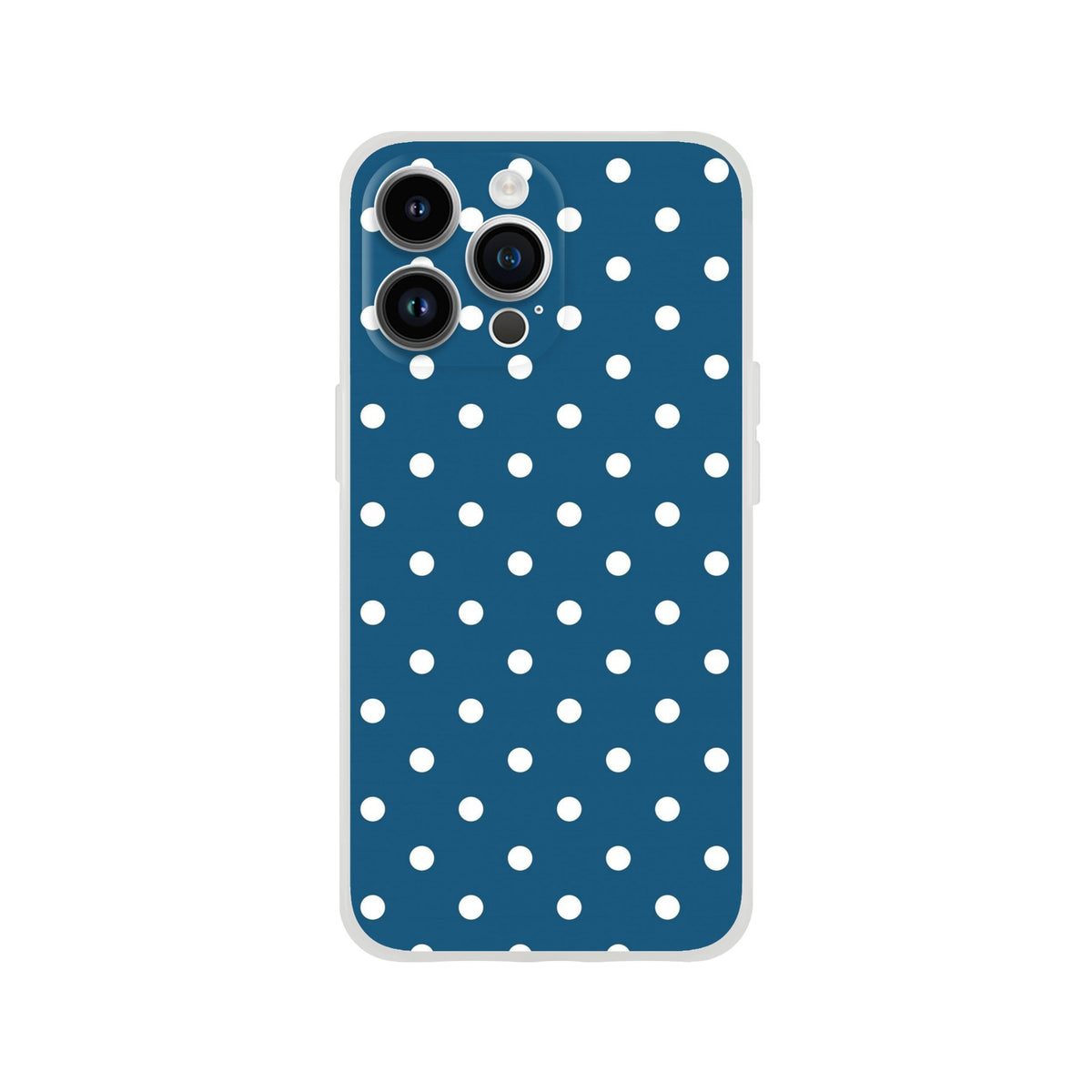 Retro navy blue iPhone case with white polka dots. Shock-absorbing TPU cover for iPhone 13-16 with matte finish and drop protection.