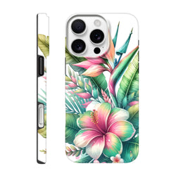 Tropical hibiscus and leaf floral print iPhone case with impact-resistant protection for street styling.