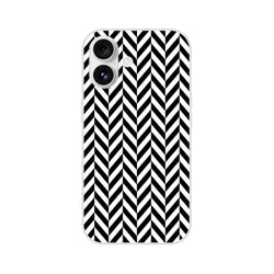 Black & white herringbone iPhone case with geometric chevron pattern, matte TPU protection for iPhone 13-16.