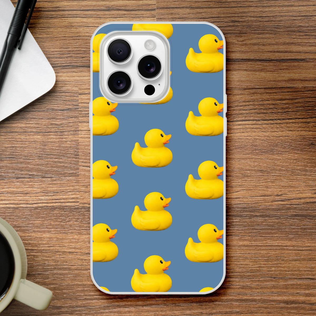 Blue iPhone case featuring a bold yellow rubber duck pattern for 13-16 models.