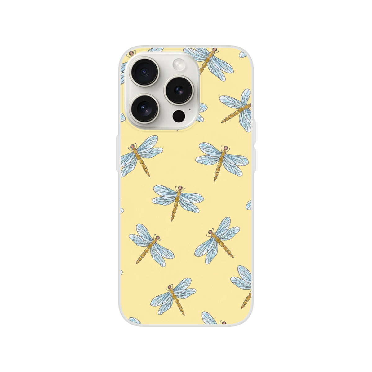 Yellow Dragonfly iPhone Case 13-16 with bold dragonfly pattern on pale yellow background