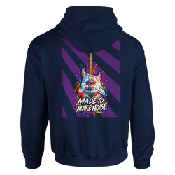 Navy hoodie back featuring colorful electric guitar graphic with "Made to Make Noise" text and purple diagonal stripes.