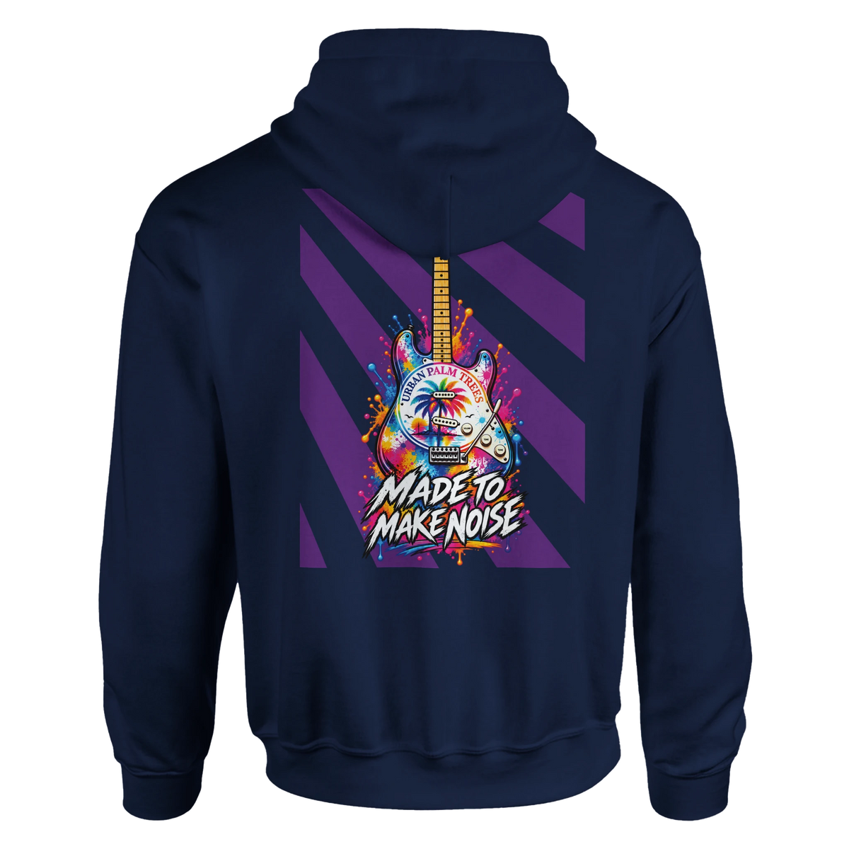 Navy hoodie back featuring colorful electric guitar graphic with "Made to Make Noise" text and purple diagonal stripes.
