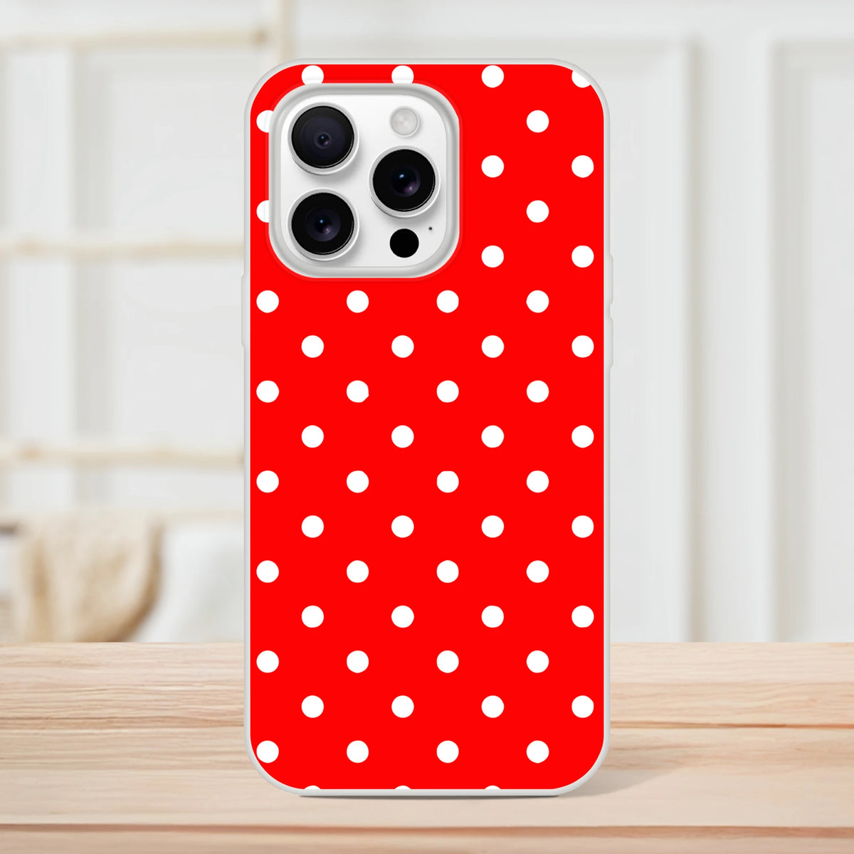 Retro red and white polka dot iPhone case with slim TPU protective shell and long-lasting printed design for everyday use.