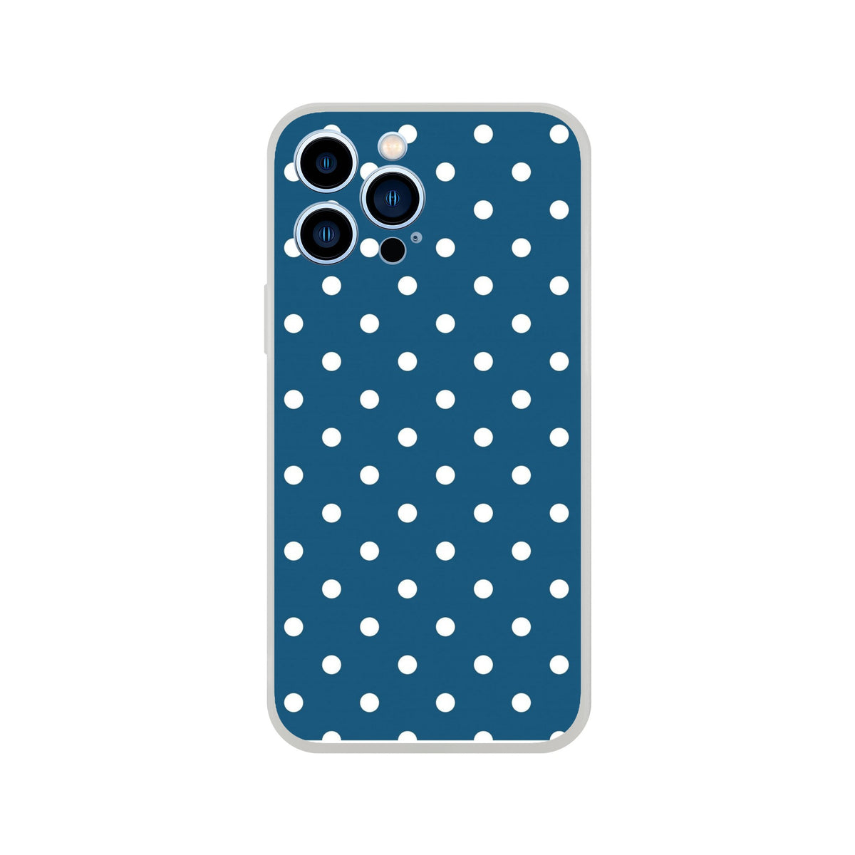 Navy blue iPhone case with white polka dots featuring a retro matte finish and shock-absorbing TPU protection for models 13-16.