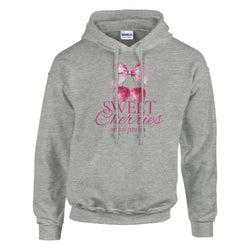 Grey women's hoodie, soft cotton-blend, with pink cherry graphic and Sweet Cherries are my passion slogan.