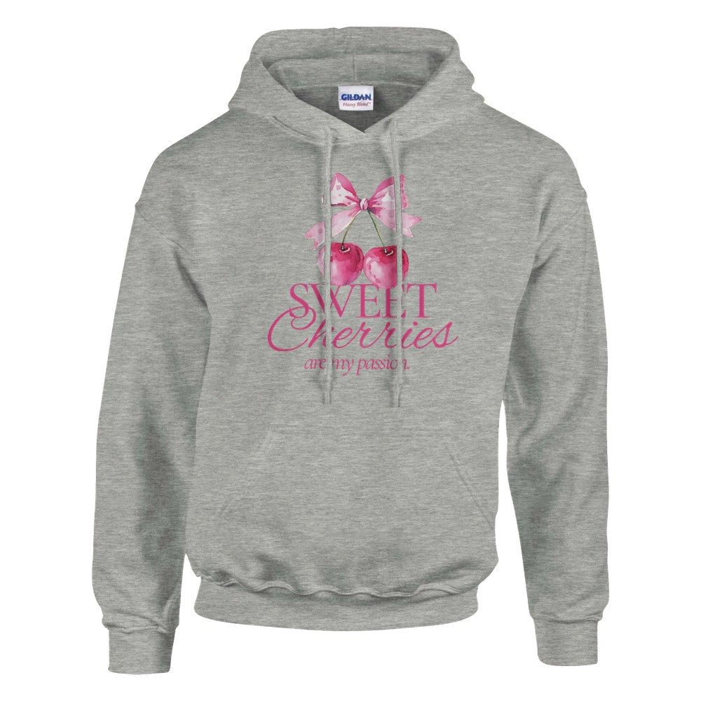 Grey women's hoodie, soft cotton-blend, with pink cherry graphic and Sweet Cherries are my passion slogan.