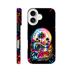 On Boost iPhone case featuring turbocharger, urban palm trees, and vibrant "Urban Palm Trees" artwork with colorful paint splatters.