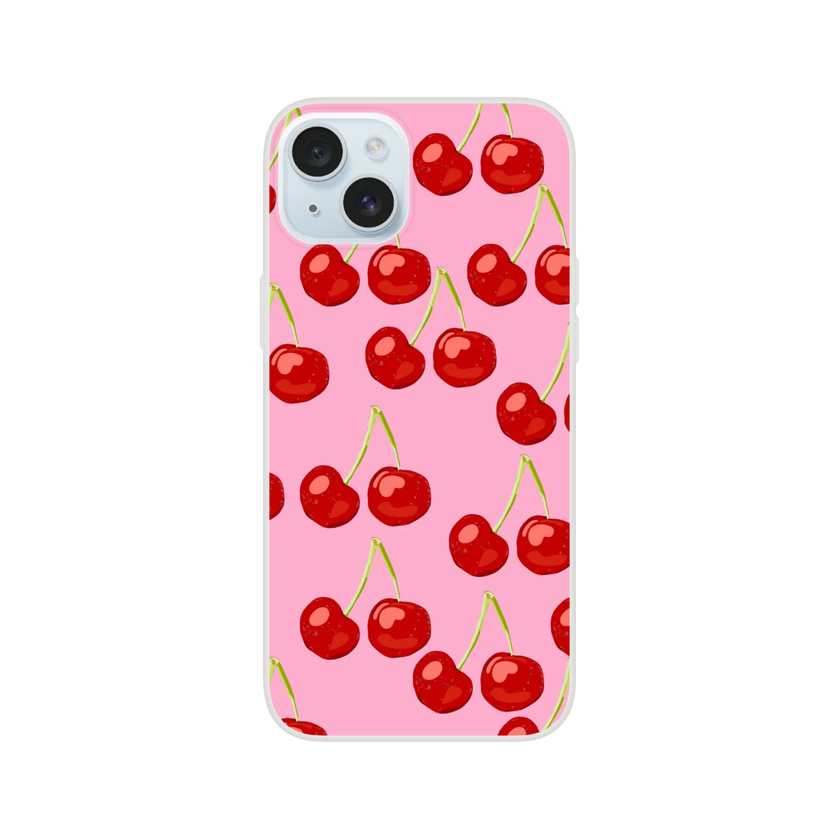 Pink cherry-pattern iPhone case for 13-16, slim matte shell with a cute coquette aesthetic.