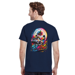 Man wearing navy Static petrolhead t-shirt back with modified car and palm trees graphic. Modified car culture aesthetic.