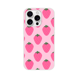 Pink strawberry-pattern iPhone case for 13-16 with kawaii fruit design on pink background.