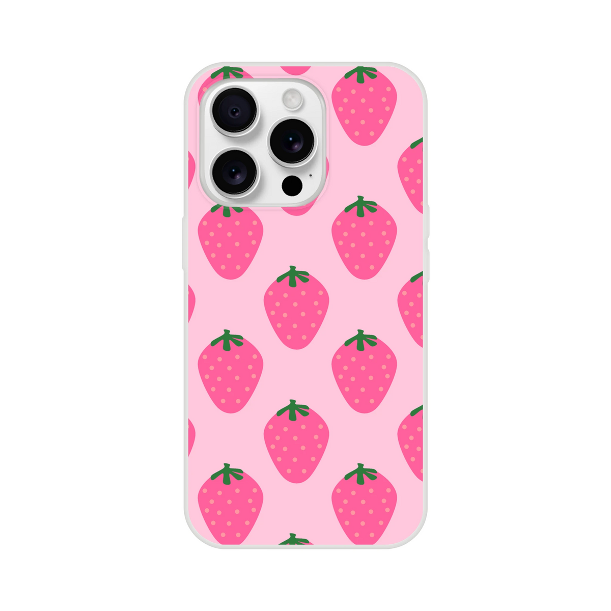 Pink strawberry-pattern iPhone case for 13-16 with kawaii fruit design on pink background.