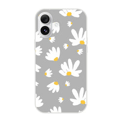 Ditsy Daisy iPhone Case (13-16) with gray background and white daisy pattern, matte slim shell.
