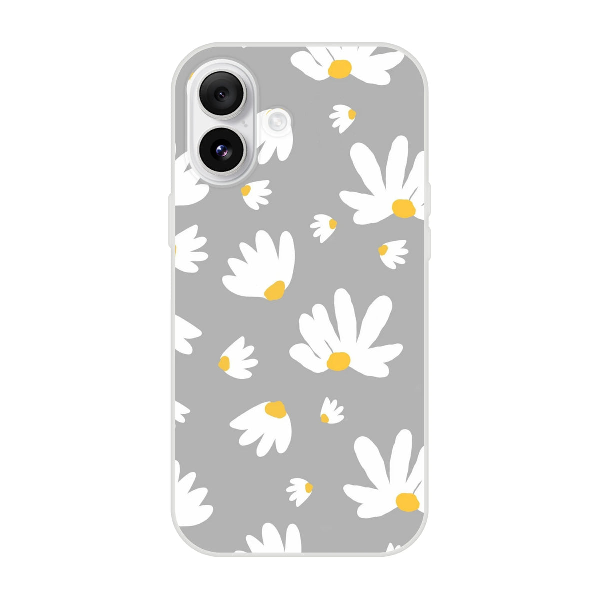Ditsy Daisy iPhone Case (13-16) with gray background and white daisy pattern, matte slim shell.