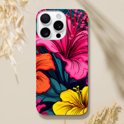 Vibrant pink, orange, and yellow hibiscus tropical flower iPhone case with bold dark teal leaves and tough protection design.