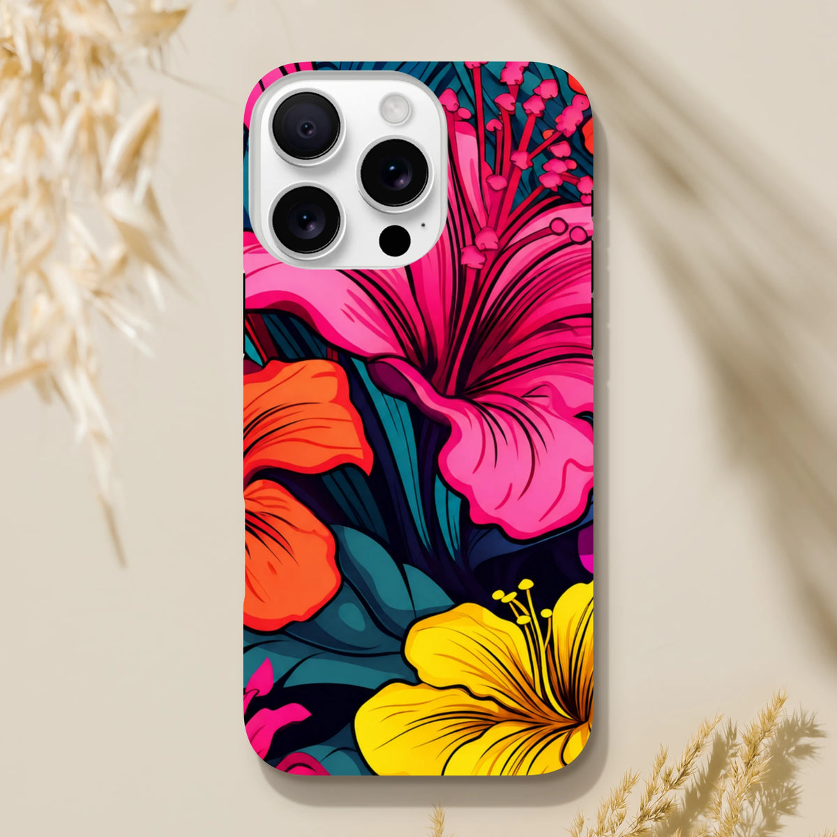 Vibrant pink, orange, and yellow hibiscus tropical flower iPhone case with bold dark teal leaves and tough protection design.