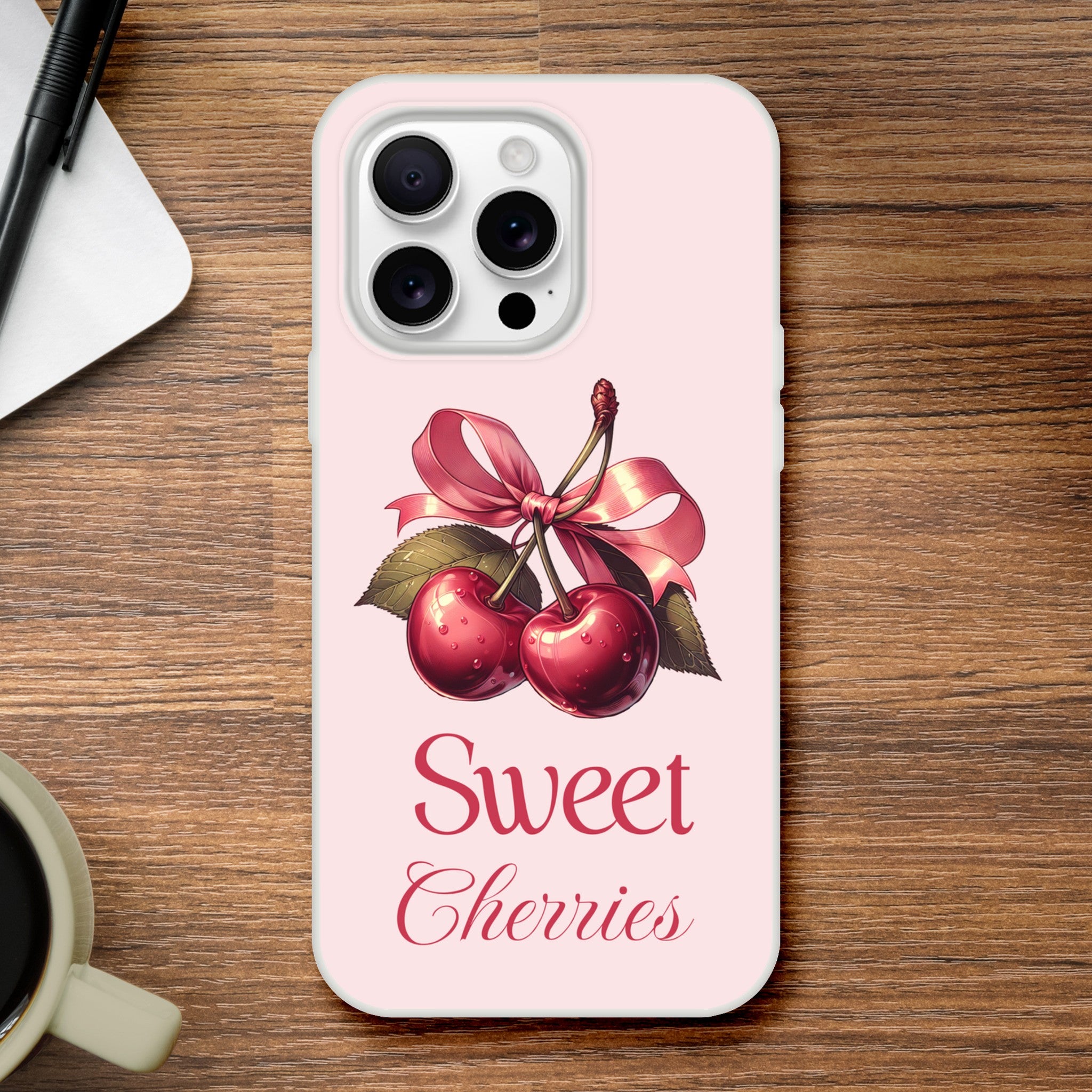 Pink iPhone case with cherry illustration, ribbon, and Sweet Cherries text on a soft pink background.