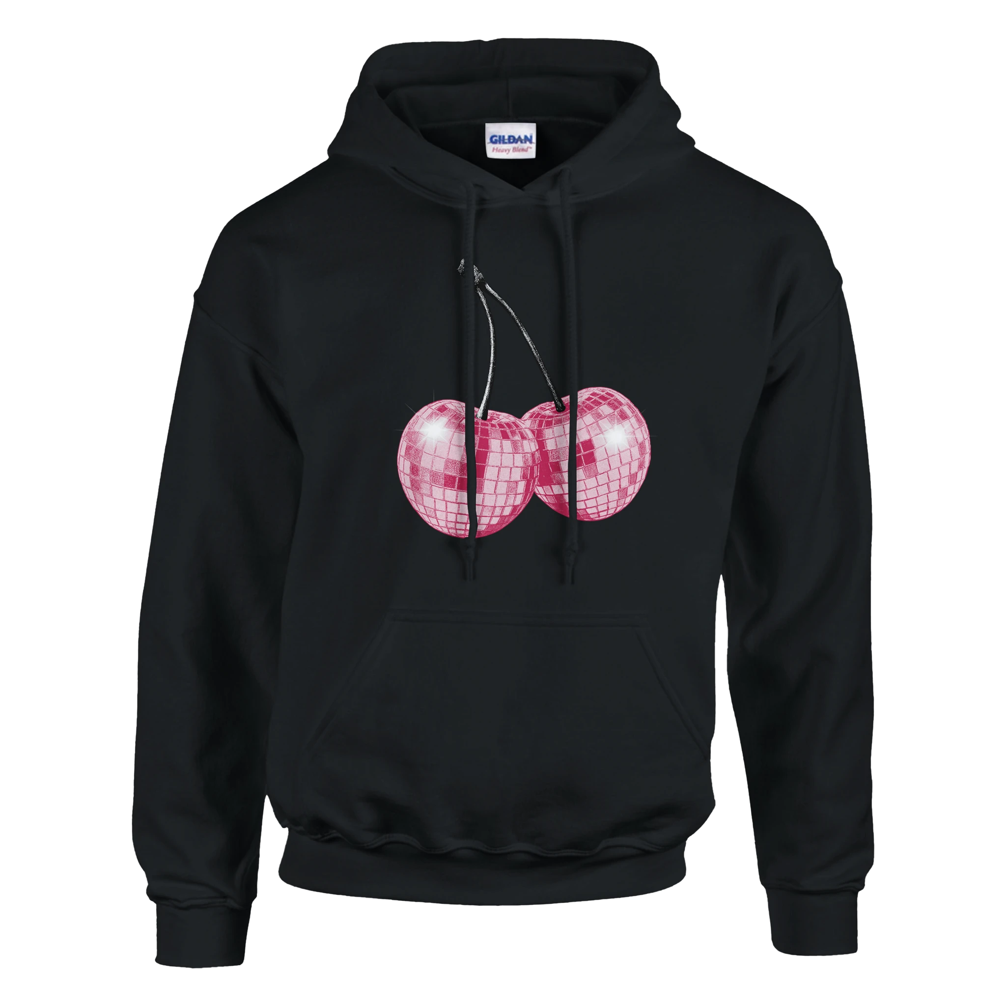 Black women's hoodie with pink glitter ball cherries graphic, soft cotton blend, front pouch pocket.
