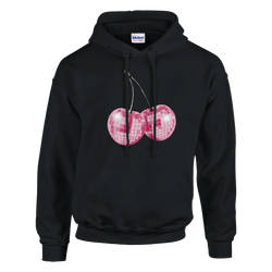 Black women's hoodie with pink glitter ball cherries graphic, soft cotton blend, front pouch pocket.