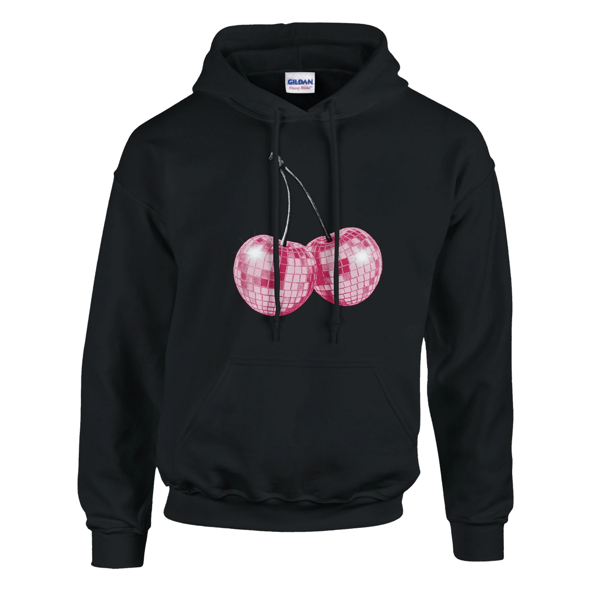 Black women's hoodie with pink glitter ball cherries graphic, soft cotton blend, front pouch pocket.