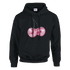 Black women's hoodie with pink glitter ball cherries graphic, soft cotton blend, front pouch pocket.