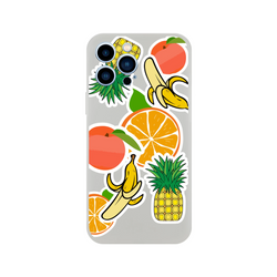 Clear iPhone case featuring a collage of sticker-style tropical fruit graphics including oranges, bananas, and pineapples.