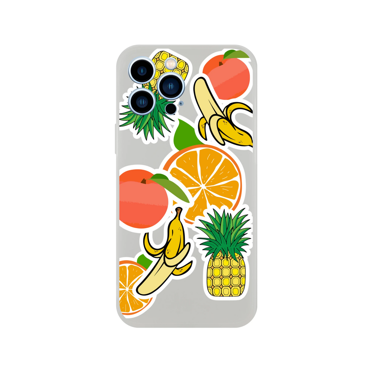 Clear iPhone case featuring a collage of sticker-style tropical fruit graphics including oranges, bananas, and pineapples.