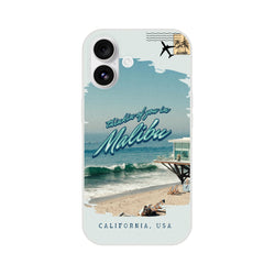 Vintage postcard Malibu Beach iPhone case for iPhone 13-16, featuring ocean scene, palm trees, and Malibu script.