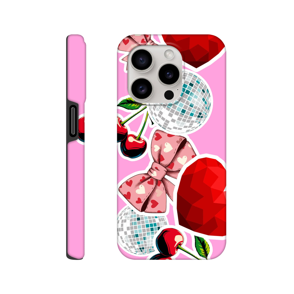 Pink iPhone case with sticker effect design featuring cherries, heart bow, disco balls, and red gems for Y2K style protection.